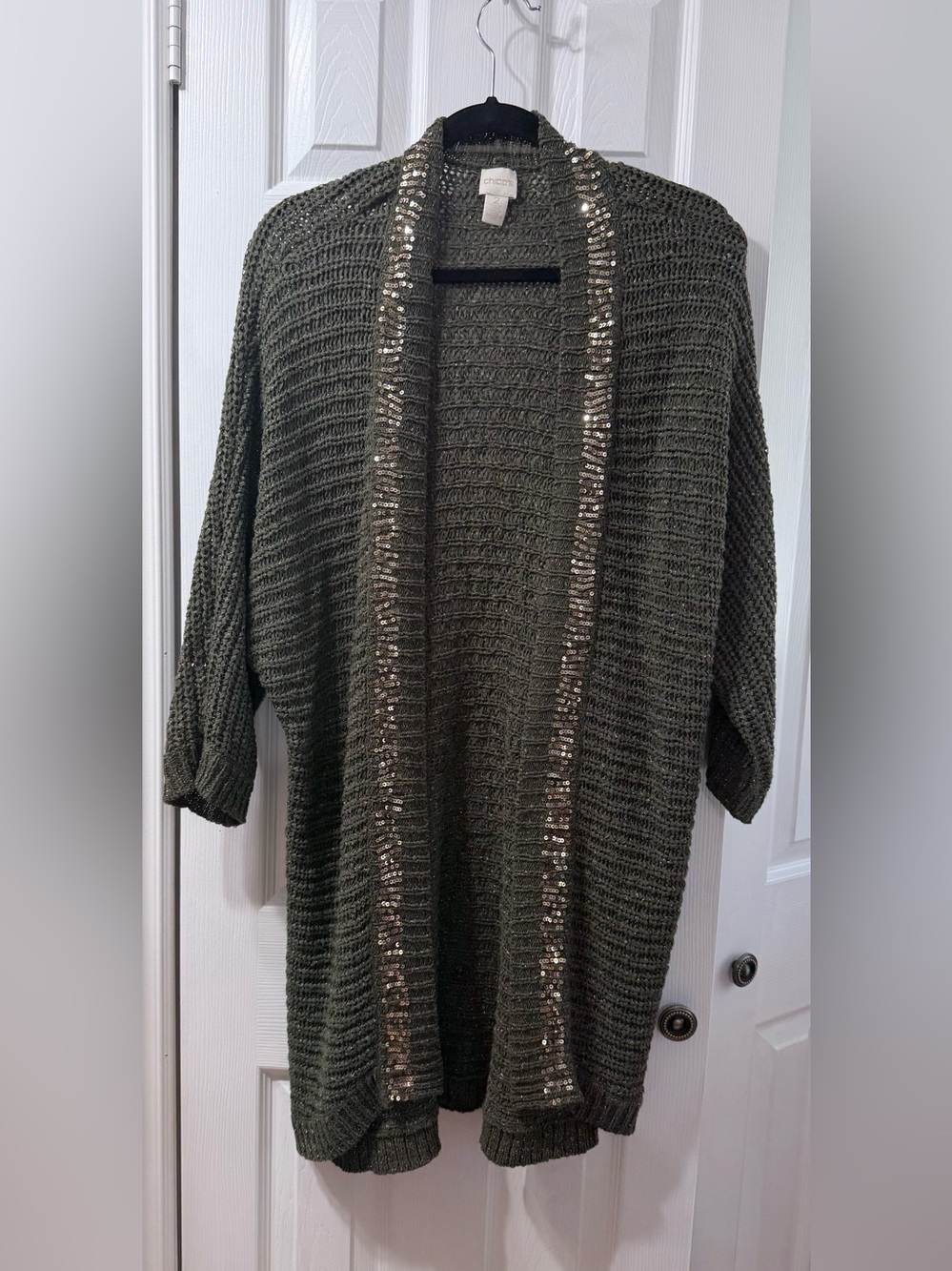 Chico's Olive Green Open-Front Sequin-Trim Cardigan
